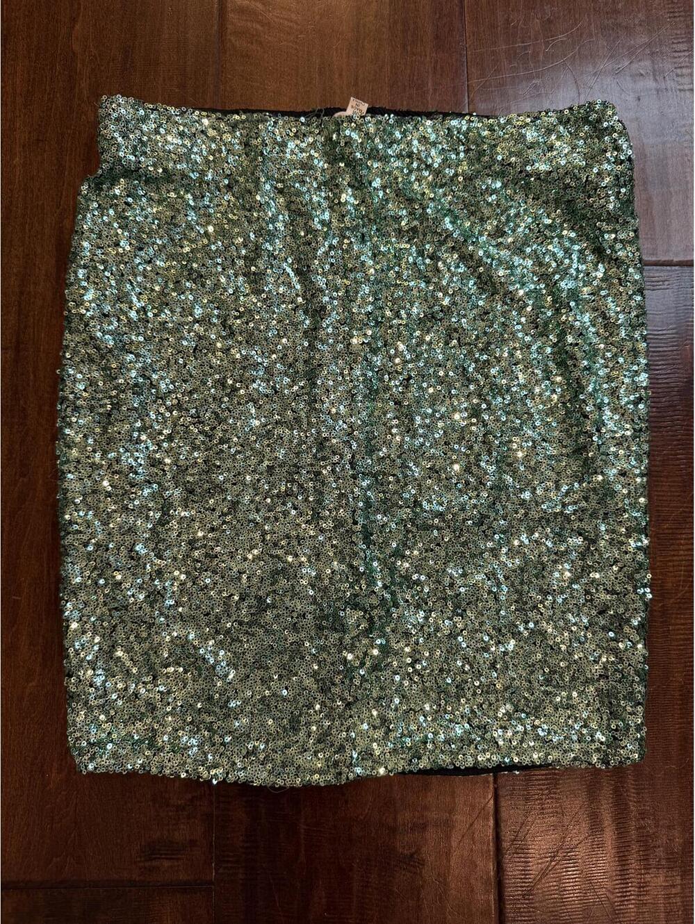 Green Sequin Mini Skirt Slit Party Club NYE Holiday Glam Medium